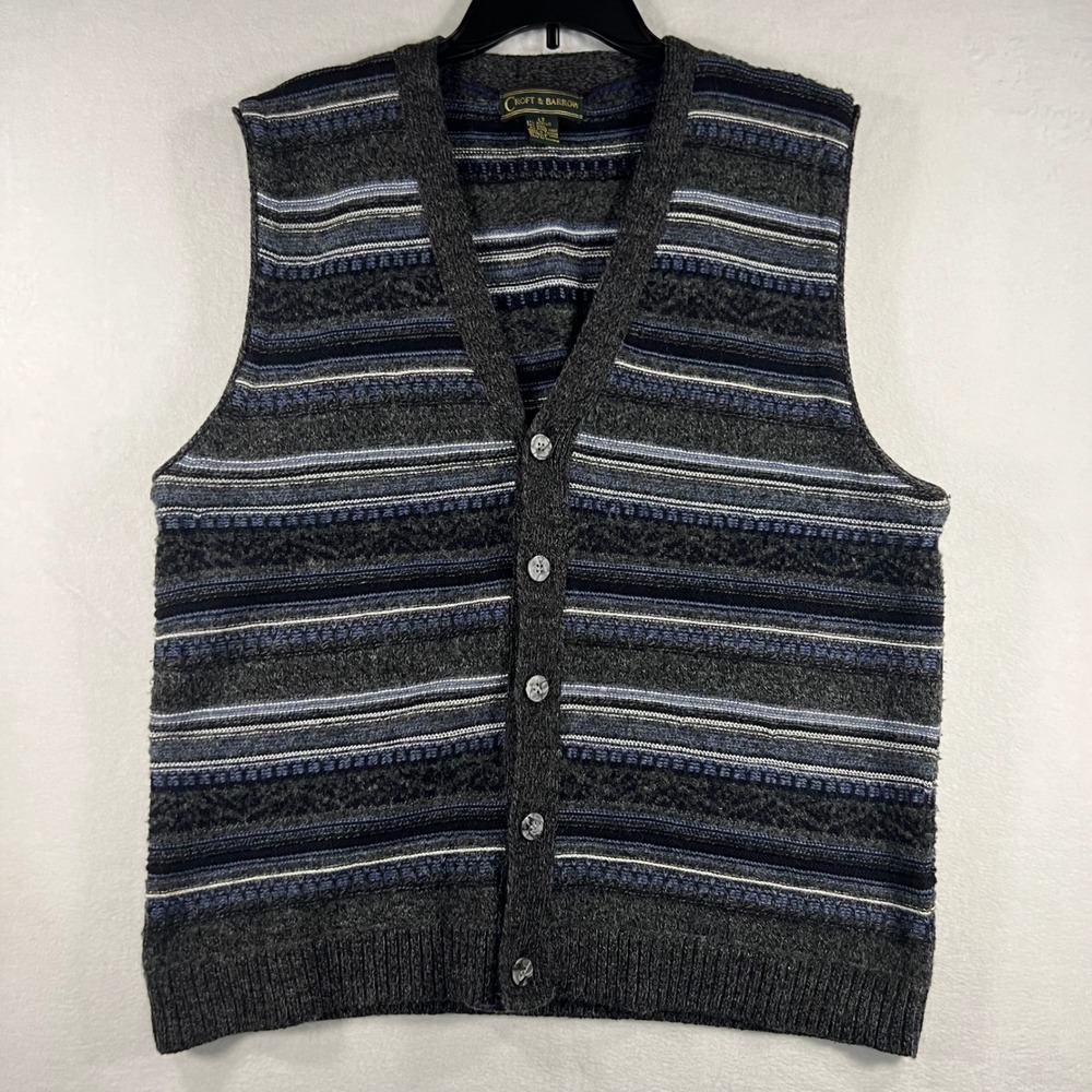 Croft & Barrow Mens LT Fair Isle Knit V Neck Button Up Sweater Vest Grey Blue